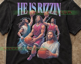 Er ist Rizzin Basketball Jesus T-Shirt, lustiges christliches Shirt, Rizz Meme T-Shirt, Vintage Bootleg Stil, humorvolles religiöses T-Shirt