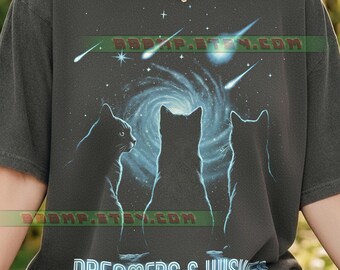 Dreamers & Wishes Cats Comfort Colors® Tshirt, Galaxy Space Shooting Stars, Feline Animal Lover, Night Sky Celestial Retro Art