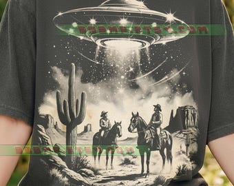 Cowboy Western Ufo Comfort Colors® Tshirt, Alien Sci-Fi Desert, Horse Flying Saucer, Vintage Retro Space, Wild West Mystery Art