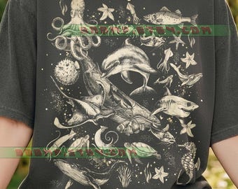 Ocean Marine Life Comfort Colors® Tshirt, Dolphin Shark Whale Octopus Sea Turtle, Vintage Sea Creatures, Underwater Retro Wildlife