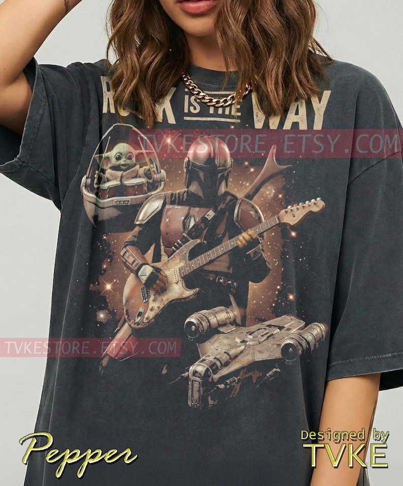 Rock Is The Way Grogu Comfort Colors® Tshirt, Baby Yoda Tees, Electric Guitar Sweater, Galaxy Rock Band Tanktop, St4R W4Rs Music Art image 1