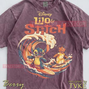 Lilo & Stitch Comfort Colors® Tshirt, Stitch Surfing Tees, Ohana Hawaii Sweater, Summer Ocean Tanktop, Retro Vintage Waves Cartoon image 4