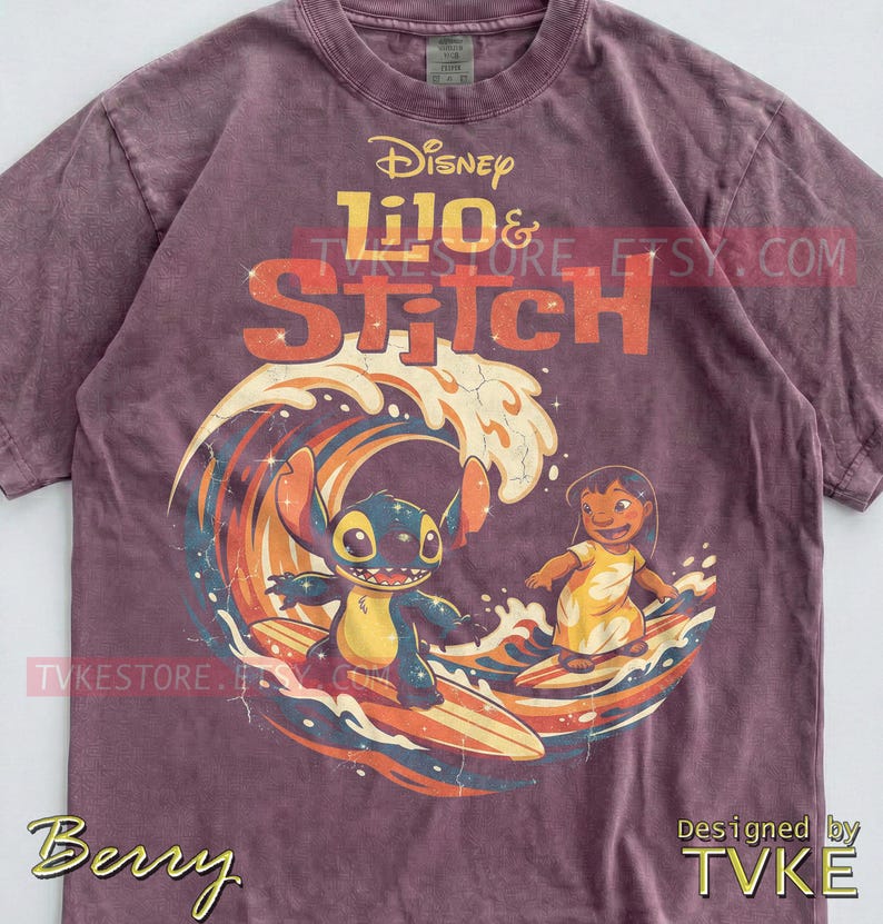 Lilo & Stitch Comfort Colors® Tshirt, Stitch Surfing Tees, Ohana Hawaii Sweater, Summer Ocean Tanktop, Retro Vintage Waves Cartoon image 4