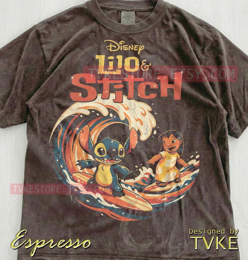 Lilo & Stitch Comfort Colors® Tshirt, Stitch Surfing Tees, Ohana Hawaii Sweater, Summer Ocean Tanktop, Retro Vintage Waves Cartoon image 5