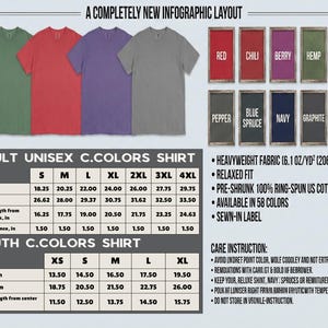 The image is a visually appealing infographic layout featuring a variety of t-shirt designs in different colors, including adult and youth sizes, along with their corresponding measurements. The layout also includes a section for a youth C.colors shirt, providing care instructions for the t-shirt.