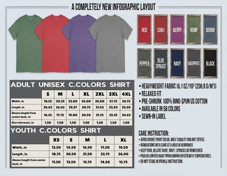 The image is a visually appealing infographic layout featuring a variety of t-shirt designs in different colors, including adult and youth sizes, along with their corresponding measurements. The layout also includes a section for a youth C.colors shirt, providing care instructions for the t-shirt.