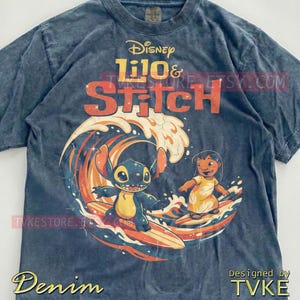 Lilo & Stitch Comfort Colors® Tshirt, Stitch Surfing Tees, Ohana Hawaii Sweater, Summer Ocean Tanktop, Retro Vintage Waves Cartoon image 6