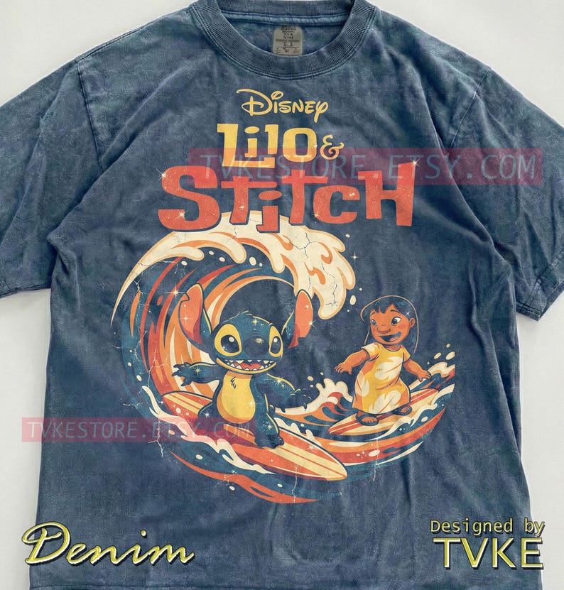 Lilo & Stitch Comfort Colors® Tshirt, Stitch Surfing Tees, Ohana Hawaii Sweater, Summer Ocean Tanktop, Retro Vintage Waves Cartoon image 6
