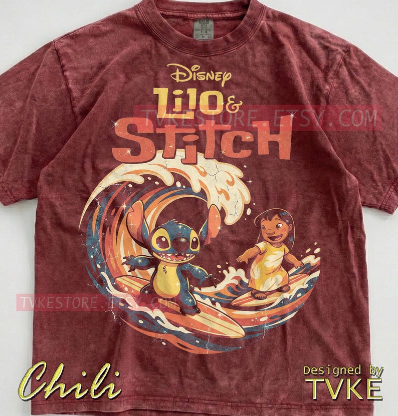 Lilo & Stitch Comfort Colors® Tshirt, Stitch Surfing Tees, Ohana Hawaii Sweater, Summer Ocean Tanktop, Retro Vintage Waves Cartoon image 3