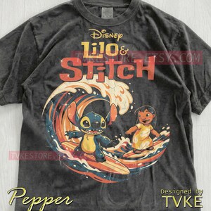 Lilo & Stitch Comfort Colors® Tshirt, Stitch Surfing Tees, Ohana Hawaii Sweater, Summer Ocean Tanktop, Retro Vintage Waves Cartoon image 2