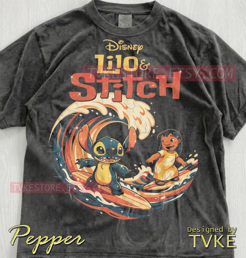 Lilo & Stitch Comfort Colors® Tshirt, Stitch Surfing Tees, Ohana Hawaii Sweater, Summer Ocean Tanktop, Retro Vintage Waves Cartoon image 2