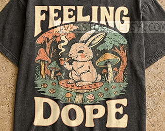 Feeling Dope Bunny T-shirt, Forest Vintage Tee, Retro Cartoon Hand