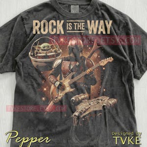 Rock Is The Way Grogu Comfort Colors® Tshirt, Baby Yoda Tees, Electric Guitar Sweater, Galaxy Rock Band Tanktop, St4R W4Rs Music Art image 2