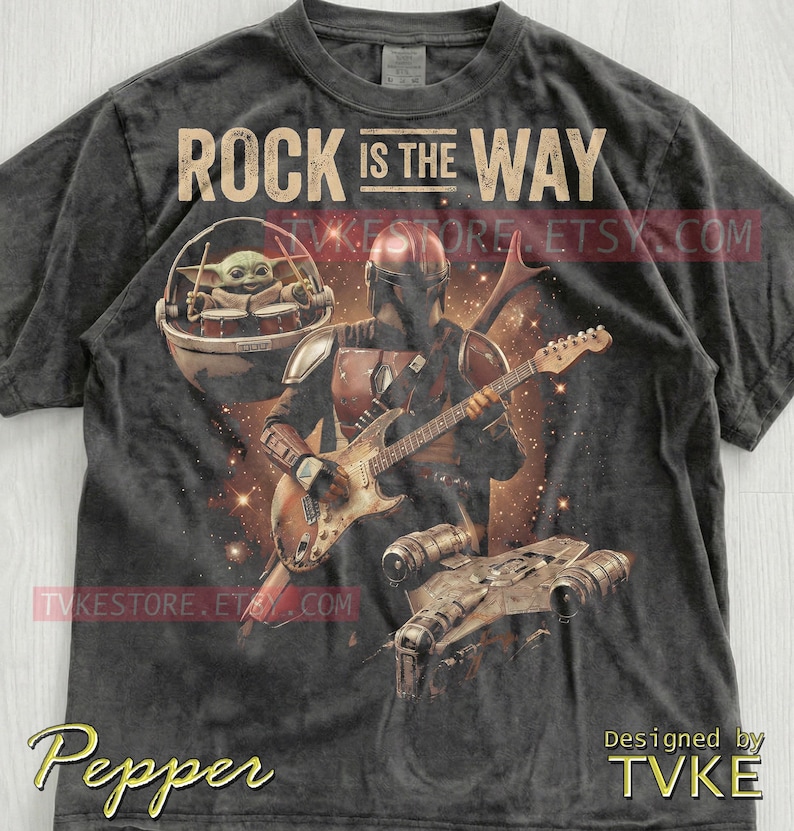 Rock Is The Way Grogu Comfort Colors® Tshirt, Baby Yoda Tees, Electric Guitar Sweater, Galaxy Rock Band Tanktop, St4R W4Rs Music Art image 2