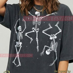 Dancing Skeletons Halloween Spooky Gothic Comfort Colors® Tshirt, Dark Fantasy Skull Bones Macabre Retro Aesthetic Celestial Sparkles Tee