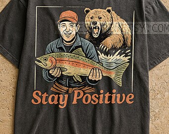 Blijf positief T-shirt vintage visillustratie, retro beer-kunstwerk outdoor avontuur graphic, humoristisch T-shirt wildernis