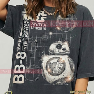 May include: Dark gray t-shirt featuring a BB-8 droid graphic with the text "Star Wars" and "Super Advance Intelligence." The design includes technical schematics and the date 12182015. The shirt is designed by TVKE.