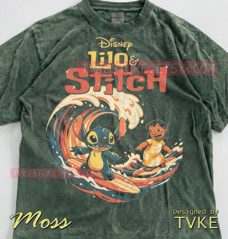 Lilo & Stitch Comfort Colors® Tshirt, Stitch Surfing Tees, Ohana Hawaii Sweater, Summer Ocean Tanktop, Retro Vintage Waves Cartoon image 7
