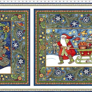 Snowy Santa Fabric Panel: Julie Paschkis Christmas Folk Art (24&quot; x 42&quot;)