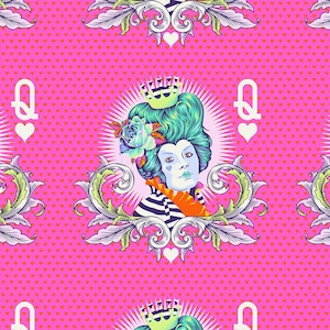 1 Yard RED QUEEN of Hearts CAMEOS Tula Pink Curiouser Alice in Wonderland Daydream Cotton Fabric Hot Pink Turquoise Blue Orange bty
