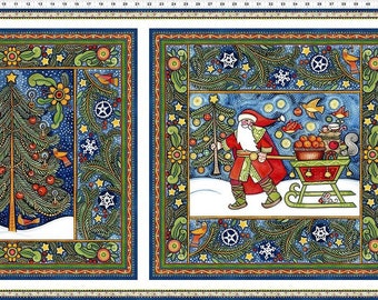 Snowy Santa Fabric Panel: Julie Paschkis Christmas Folk Art (24&quot; x 42&quot;)