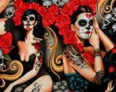 FQ or More Las Elegantes Dia de los Muertos Fabric Alexander Henry Day of the Dead Calaveras Women Tatoo Brite Bright Red Black Fat Quarter