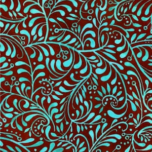 May include: Teal blue floral pattern on a maroon background. The pattern is made up of leaves, swirls, and dots.