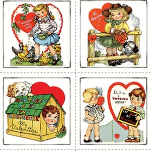 TAKE HEART VALENTINE 23" x 42" patchpaneel J. Wecker Frisch Vintage jaren 1940 Valentijnskaarten 15 witte rode quiltstof Riley Blake