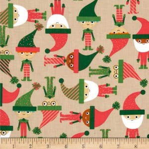 May include: A beige fabric with a repeating pattern of green and red elves. The elves are wearing striped pajamas and have different facial expressions. Some elves are wearing Santa hats.