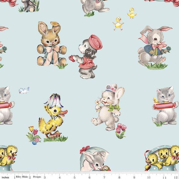 EASTER PARADE Cotton Quilting Fabric Baby Blue Retro Childrens Kids Kittens Chicks Bunnies Bunny Rabbits Puppies Lindsay Wilkes Cottage Mama