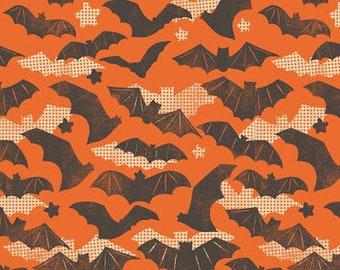 SPOOKTACULAR GONE BATTY Cotton Quilting Fabric Maude Asbury Halloween Flying Bats Black Orange Free Spirit