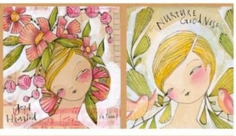 May include: Two art prints featuring illustrations of stylized figures with closed eyes. One print shows a figure adorned with flowers and the text "Good Hearted." The other print shows a figure with the text "Nurture Goodness."