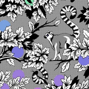 May include: Black and white patterned fabric featuring a lemur amidst stylized foliage. The design includes black leaves, branches, and purple and blue circles against a dotted background. The lemur has a striped tail.