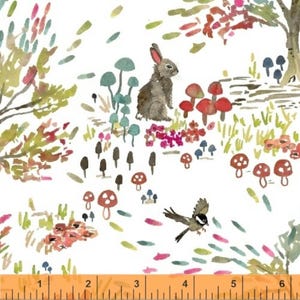 Retired ENCHANTED FOREST Fabric Betsy Olmsted Windham Cotton Quilting Fabric Out of Print oop Hedgehogs Rabbit Birds Squirrels White