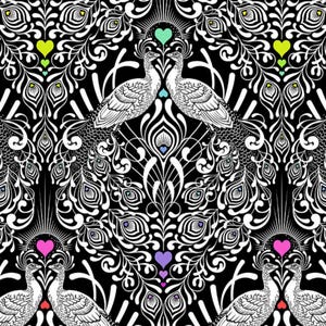Pode incluir: Um design em preto e branco com pavões estilizados e elementos florais ornamentados. O design inclui corações em várias cores, incluindo verde, rosa e roxo. Os pavões são retratados em branco com padrões de penas detalhados.