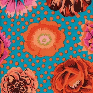 Retired BIG BLOOMS Turquoise Kaffe Fassett Cotton Quilting Fabric Orange Pink Brown Pansy Mums Polka Dots Out of Print oop