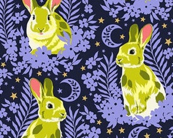 TULA PINK BESTIES Hop To It Bluebell Metallic Cotton Quilt Fabric Rabbits Hares Bunnies Bunny Rabbit Navy Blue Bell