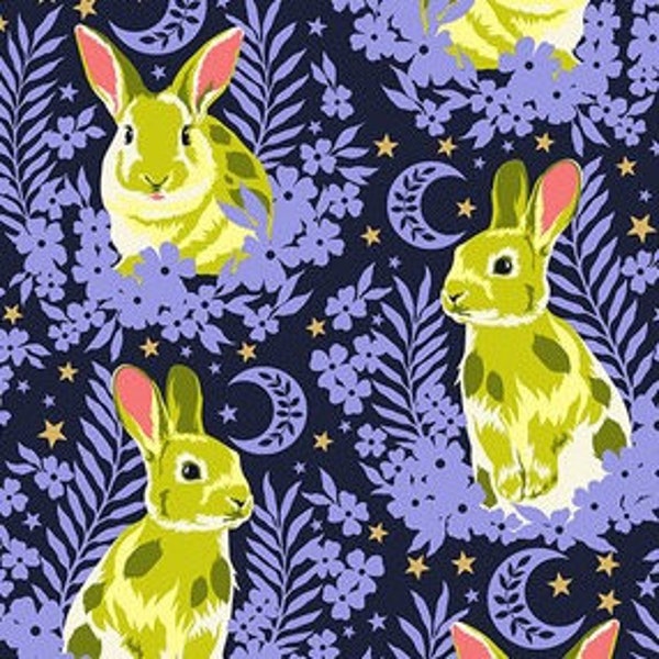 TULA PINK BESTIES Hop To It Bluebell Metallic Cotton Quilt Fabric Rabbits Hares Bunnies Bunny Rabbit Navy Blue Bell