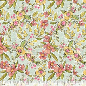 May include: A floral fabric design featuring a repeating pattern of stylized flowers and leaves in shades of yellow, pink, and green. The flowers have detailed outlines, and the background is a light blue-green color. The fabric is measured in inches.