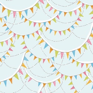 May include: A seamless pattern of colorful bunting flags strung together on a light blue background. The flags are in various shades of pink, yellow, green, blue, and orange.