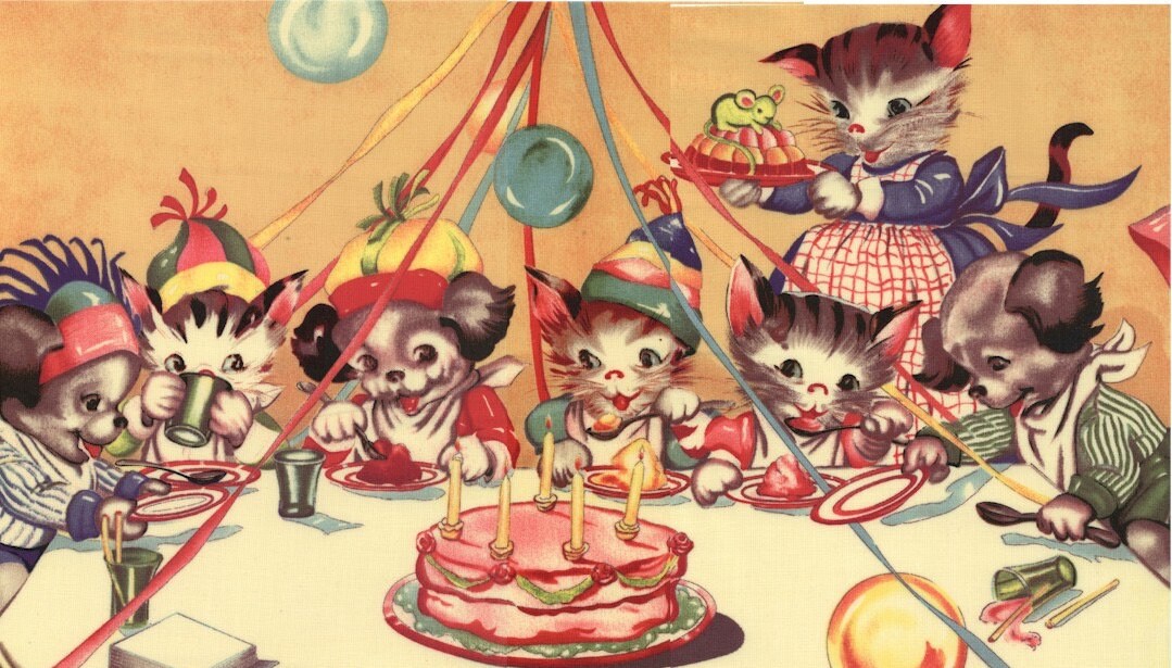 Retired RUTH E's BIRTHDAY PARTY 12" L x 21" W Panel Ruth E. Newton Illustration Michael Miller Cotton Quilting Fabric Kittens and Puppies