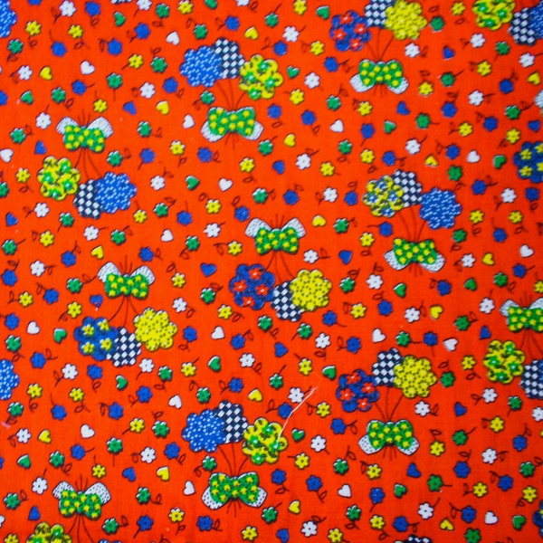 Vintage Fabric Calico Fabric 2 Yards RED Posies Nosegays Yellow Blue Green Hearts Flowers