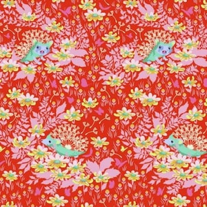 TINY BEASTS Tula Pink Who&#39;&#39;s Your Dandy Glow Hedgehogs Dandelions Red Yellow Pink Aqua Blue Cotton Quilt Fabric