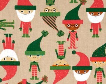 JINGLE ELVES in pensione Tessuto trapuntato in cotone Ann Kelle Robert Kaufman Natale Babbo Natale Elfo Rosso Verde Marrone chiaro Fuori stampa