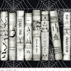 Mother Goose Tales Fabric: Halloween Book Spines, Spider Webs by J. Wecker Frisch