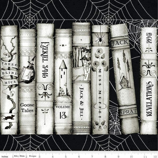 MOTHER GOOSE TALES J. Wecker Frisch Livre Épines Spider Webs Border Stripe Halloween Quilting Tissu Coordonner Blanc Noir