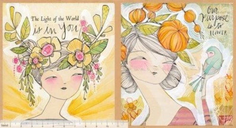 May include: Two art prints featuring illustrated women with floral headpieces. One print has the text "The Light of the World is in You." The other print has the text "Our Purpose is to Flower" and a bird. The artwork is in soft colors.