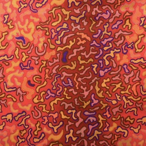 May include: Abstract art print featuring a red background with a pattern of overlapping, organic shapes in shades of orange, yellow, pink, and purple.