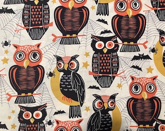 Retired SPOOKTACULAR EVE Retro Owls Cotton Quilting Fabric Maude Asbury Blend Halloween Who's There Cream Black Orange Out of Print OOP