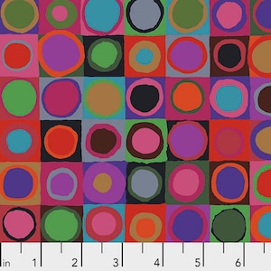 May include: A colorful abstract pattern with circles of various colors and sizes arranged in a grid. The circles are outlined in black and have a slightly textured appearance. The background is a solid red color.